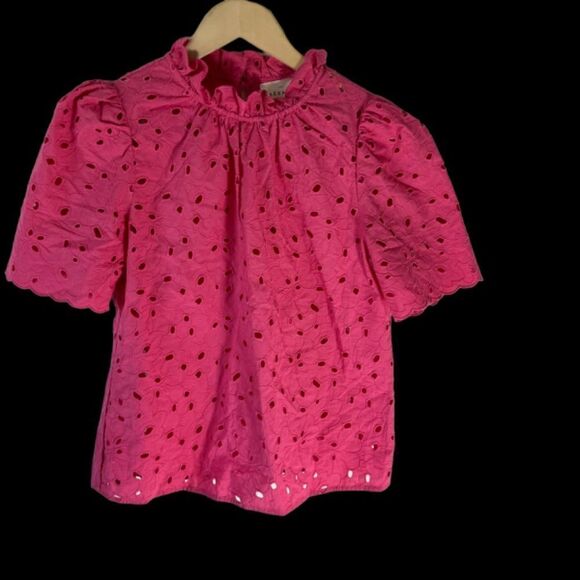Sezane Louisah Pink Eyelet Keyhole Back Closure Short Sleeve Blouse Sz 36/US 4 - Picture 3 of 5